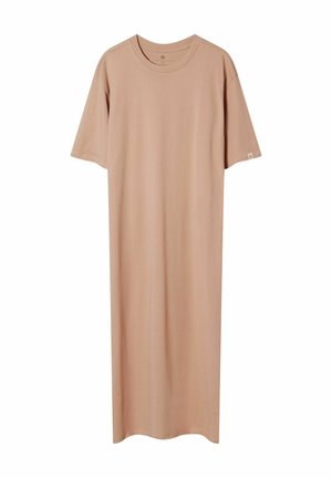 Jasno beżowa maxi sukienka T-shirt, wykonana z miękkiej bawełny, z krótkimi rękawami, okrągłym dekoltem i prostym, luźnym krojem. Bez wyraźnych wzorów.