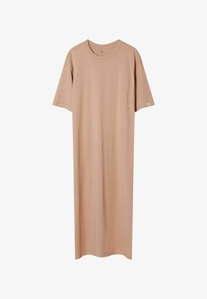 Jasno beżowa maxi sukienka T-shirt, wykonana z miękkiej bawełny, z krótkimi rękawami, okrągłym dekoltem i prostym, luźnym krojem. Bez wyraźnych wzorów.