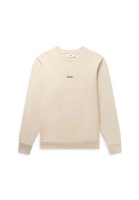 Felpa beige con maniche lunghe, collo rotondo, polsini e orlo a costine, con un piccolo logo nero "BALR." sul petto. Tessuto morbido.
