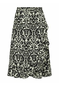 Mustakokka ja kerma-valkoinen kuviollinen hame, jossa on röyhelöhelma, joustava vyötärö ja monimutkainen damaskikuosi koko hameen alueella.