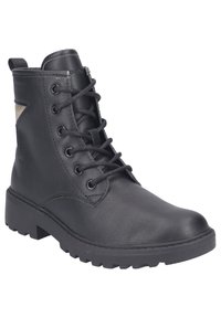 Botines de cuero negro con un acabado texturizado, que cuentan con ojales de metal, cordones y una suela de goma resistente. Detalles laterales en un tono contrastante.