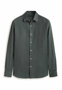Dark gray long-sleeve shirt made of lightweight fabric, featuring a pointed collar, front button closure, and cuffs with button accents.