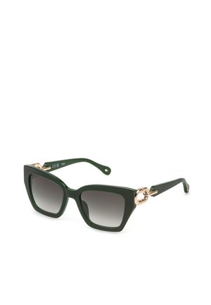 Dunkelgrüne quadratische Sonnenbrille mit grauen Verlaufsgläsern und goldenen dekorativen Scharnieren an den Bügeln, auf weißem Hintergrund platziert.