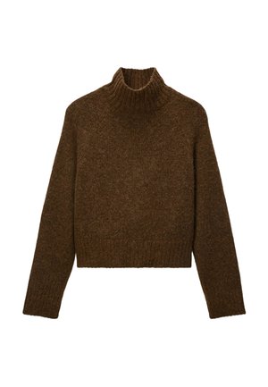 Pull en tricot marron avec col roulé côtelé haut, manches longues et coupe courte. Texture douce et motif de tissu homogène.
