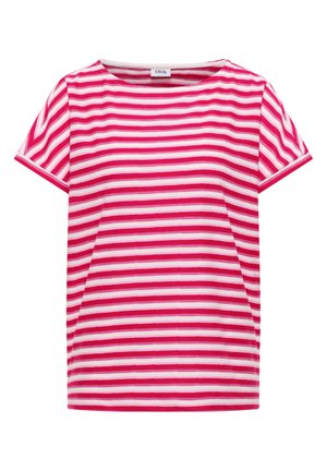 T-shirt à manches courtes rayé horizontalement rose et blanc avec un col rond et une étiquette de marque "Cecil" à l'intérieur du col.