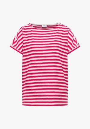 T-shirt à manches courtes rayé horizontalement rose et blanc avec un col rond et une étiquette de marque "Cecil" à l'intérieur du col.