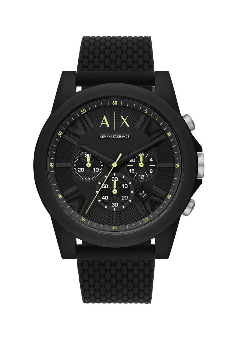 Reloj de pulsera negro Armani Exchange con correa de silicona texturizada, tres subesferas, visualización de fecha y acentos en verde lima en las agujas y marcadores.