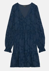 Robe à motif floral bleu foncé avec un décolleté en V, de longues manches bouffantes, une taille élastique et un ourlet froncé. Fabriquée en tissu texturé.