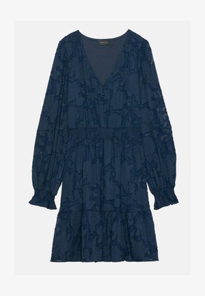Abito lungo blu scuro con motivo floreale, scollo a V, maniche lunghe a sbuffo, vita elasticizzata e orlo arricciato. Realizzato in tessuto testurizzato.