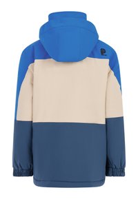 Kurtka w kolorowe bloki z niebieskimi, beżowymi i ciemnoniebieskimi sekcjami, z kapturem, elastycznymi mankietami oraz logo na górnej części pleców.