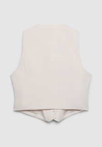 Hellbeige ärmellose Weste mit maßgeschneidertem Design, glatter Textur und spitz zulaufendem Rückensaum mit einem einzigen Knopfverschluss.