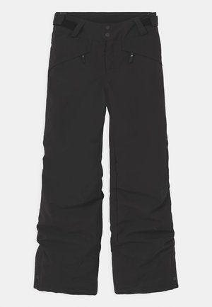 Czarne ocieplane spodnie narciarskie z przednimi kieszeniami na zamek błyskawiczny, regulowanymi klapami w pasie i zapięciami na zatrzaski przy kostkach.