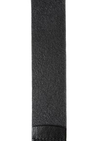 Bracelet en cuir noir avec une surface texturée, présentant un accent en cuir lisse en bas. Design rectangulaire et droit.