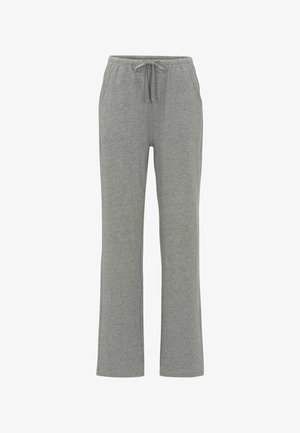 Harmaat verkkarit, jotka on valmistettu pehmeästä kankaasta, varustettu joustavalla vyötärönauhalla ja kiristysnyörillä, suoran lahkeen muotoilulla ja sivutaskuilla.