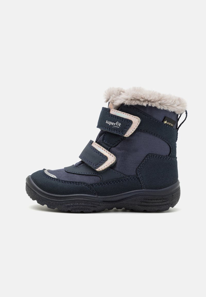 Botas de inverno azul-marinho com acabamento em pele sintética, tiras de Velcro e sola de borracha texturizada. Apresenta materiais à prova d'água para uso ao ar livre.