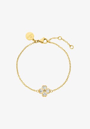 Gouden kettingarmband met een ontwerp van een vierbloemige bloem, bezet met hartvormige heldere kristallen. Inclusief een kreeftsluiting en een verstelbare schakelketting.