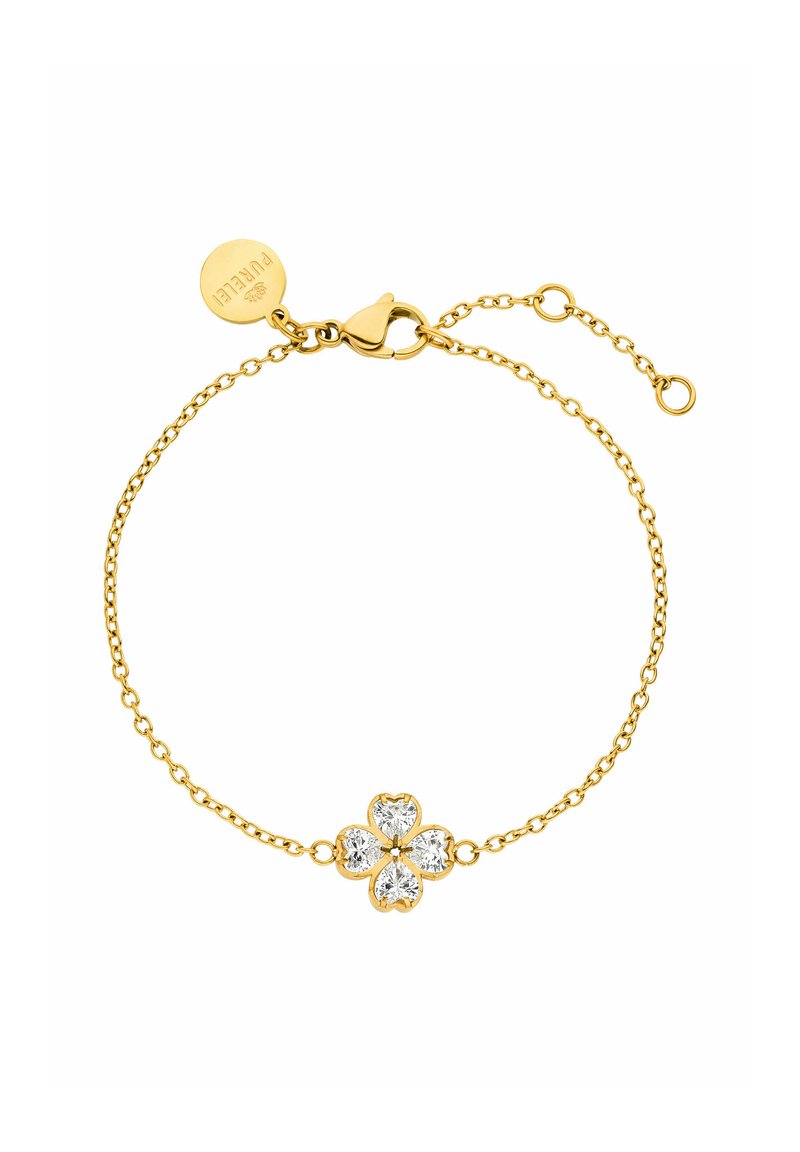 Goldkette-Armband mit einem Design aus vierblättrigen Blüten, besetzt mit herzförmigen, klaren Kristallen. Mit einem Karabinerverschluss und einer verstellbaren Gliederkette.
