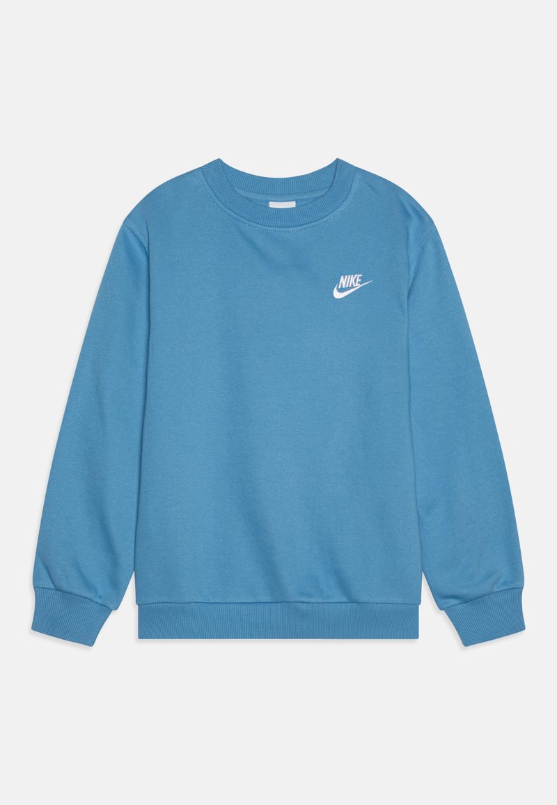 Zils kokvilnas sporta krekls ar apaļu kakla izgriezumu, garām piedurknēm, ribotām aprocēm un apakšmalu, uz kura krūtīm ir balts Nike logo.