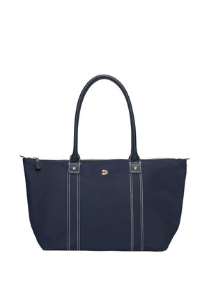 Sac cabas bleu foncé avec deux longues anses, couture verticale blanche, fermeture éclair dorée et petit logo doré au centre.