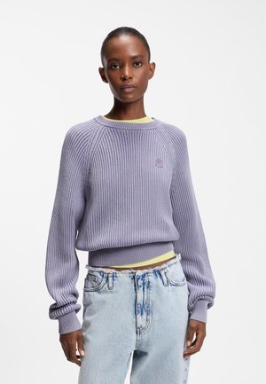 Mujer con un suéter de punto lavanda sobre una camiseta verde lima y unos jeans de cintura alta azul claro con la cintura deshilachada, de pie frente a un fondo blanco.