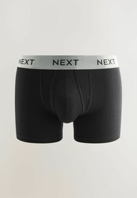 Svarta boxershorts med ett grått elastiskt midjeband som har "NEXT" i svart tryck. Tillverkade av mjukt och elastiskt material för komfort.