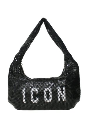 Borsa a tracolla nera con paillettes, cerniera argentata e grandi lettere bianche "ICON" sul davanti.