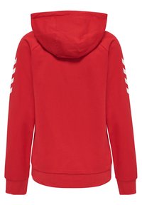 Felpa rossa con un ampio cappuccio, maniche lunghe e strisce diagonali bianche sulle braccia superiori. Tessuto morbido; design casual.
