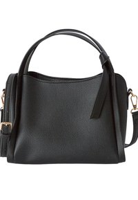 Sac à main en cuir noir avec une texture granuleuse, présentant un sommet arrondi, deux poignées, une bandoulière amovible et des accents en métal doré.