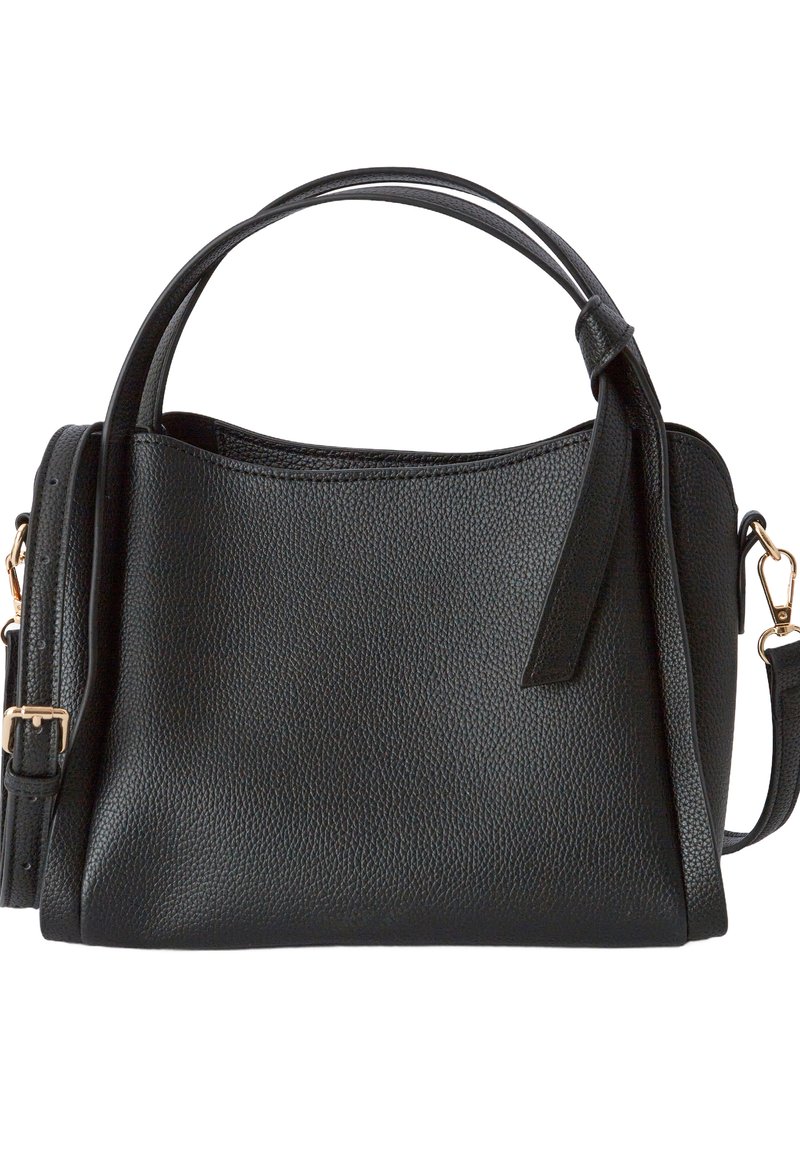 Sac à main en cuir noir avec une texture granuleuse, présentant un sommet arrondi, deux poignées, une bandoulière amovible et des accents en métal doré.