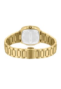 El reloj de acero inoxidable dorado cuenta con una caja cuadrada, una parte trasera texturizada en plata y una pulsera de eslabones con un acabado pulido. Resistente al agua hasta 30 metros.