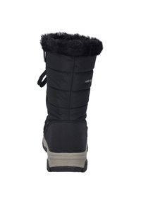Botte d'hiver noire au design gonflé, col doublé en fourrure et semelle en caoutchouc. Comprend des détails de couture et une languette pour un enfilage facile.