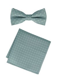 Fliege und Einstecktuch-Set aus helltürkisfarbenem Stoff mit geometrischem Muster. Beide Teile zeichnen sich durch eine glatte Textur und präzise Nähte aus.