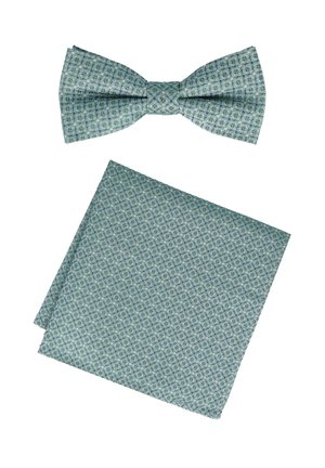 Fliege und Einstecktuch-Set aus helltürkisfarbenem Stoff mit geometrischem Muster. Beide Teile zeichnen sich durch eine glatte Textur und präzise Nähte aus.