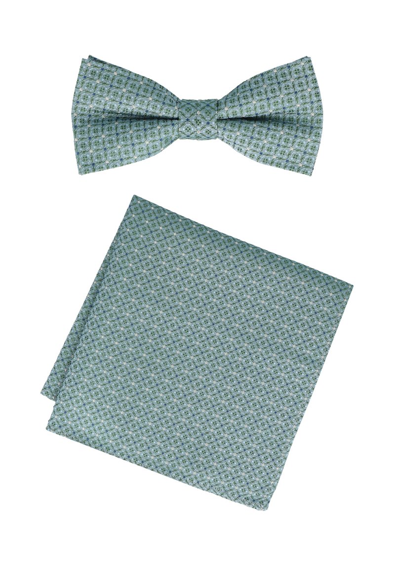 Fliege und Einstecktuch-Set aus helltürkisfarbenem Stoff mit geometrischem Muster. Beide Teile zeichnen sich durch eine glatte Textur und präzise Nähte aus.