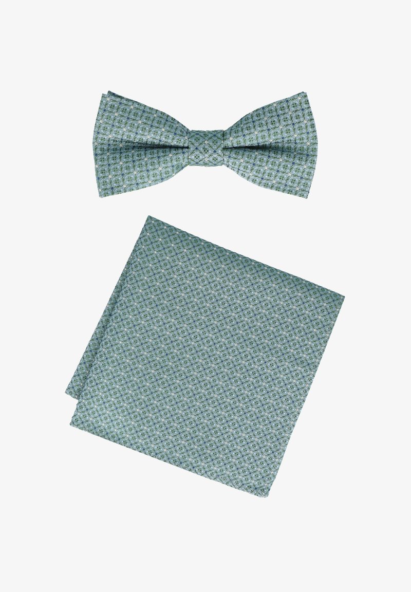 Fliege und Einstecktuch-Set aus helltürkisfarbenem Stoff mit geometrischem Muster. Beide Teile zeichnen sich durch eine glatte Textur und präzise Nähte aus.