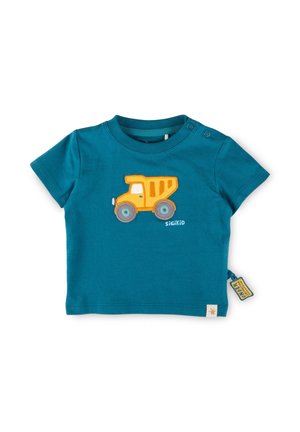 Türkisfarbenes Kurzarm-Kinderhemd mit gelbem Kipplastwagen-Motiv und Druckknöpfen an der Schulter, Markenzeichen an der Seitennaht angebracht.