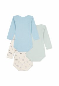 Tre långärmade bodysuits för bebisar: en i blå randigt, en i enfärgad ljusgrön, och en med panda-motiv på en krämfärgad textil.