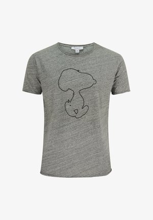 Camiseta gris de manga corta hecha de material suave, con un diseño de contorno negro de un personaje de dibujos animados en el frente.