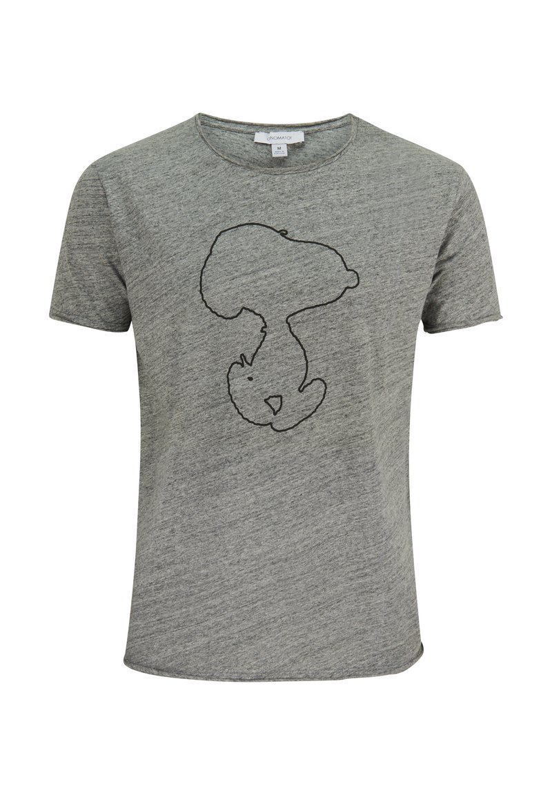 Graues T-Shirt mit kurzen Ärmeln aus weichem Material, das auf der Vorderseite ein schwarzes Umrissdesign eines Cartoon-Charakters zeigt.