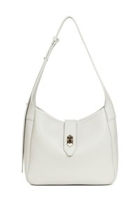 Borsa a tracolla bianca in pelle con forma curvata, dotata di chiusura magnetica e tracolla regolabile. Finitura testurizzata con un sottile dettaglio di branding.