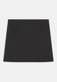 Musta, polvipituinen hame, joka on valmistettu sileästä kankaasta, jossa on leveä, joustava vyötärö ja ei näkyviä saumoja tai kuvioita. Yksinkertainen, monikäyttöinen muotoilu.