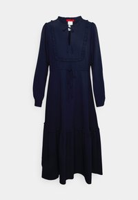 Robe midi bleu marine avec manches longues, décolleté carré à volants, liens à l'avant au niveau du cou et de la taille, et jupe à étages.