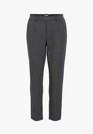 Dark grey tapered trousers with a smooth texture, featuring an elastic waistband, two front pleats, and ankle-length design.