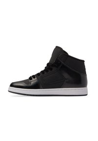 Black high-top sneakers with a shiny patent leather finish, white rubber sole, and contrasting matte black accents. Lace-up design, padded collar.