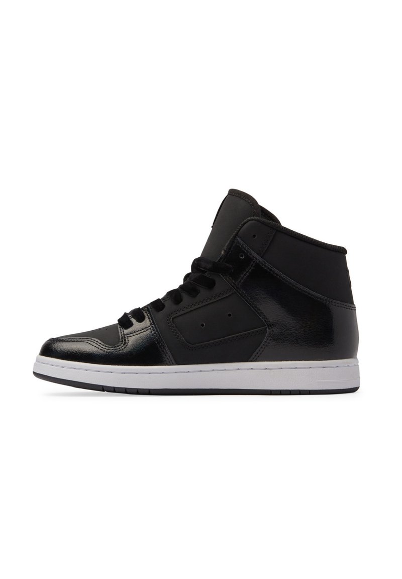 Black high-top sneakers with a shiny patent leather finish, white rubber sole, and contrasting matte black accents. Lace-up design, padded collar.