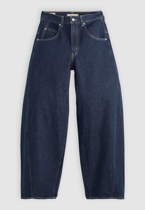 Donkerblauwe denim jeans met een losse fit, lichte stiksels, vijf zakken en een knoopsluiting op de taille.