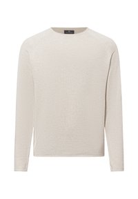 Pull crème à manches longues avec un motif de tricot texturé, col rond et ourlet droit. Comprend des manches raglan pour faciliter les mouvements.