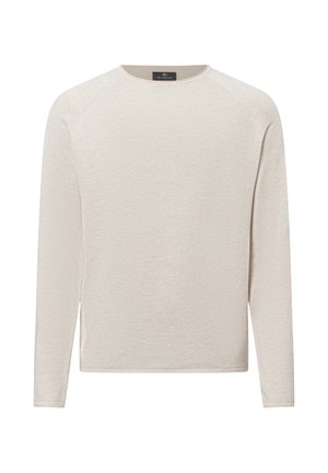 Pull crème à manches longues avec un motif de tricot texturé, col rond et ourlet droit. Comprend des manches raglan pour faciliter les mouvements.