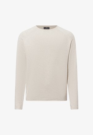 Langärmliger cremefarbener Pullover mit strukturiertem Strickmuster, rundem Ausschnitt und geradem Saum. Verfügt über Raglanärmel für mehr Bewegungsfreiheit.