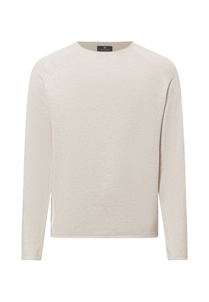 Pull crème à manches longues avec un motif de tricot texturé, col rond et ourlet droit. Comprend des manches raglan pour faciliter les mouvements.